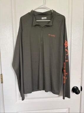 Columbia PFG Olive Long-Sleeve Half-Zip Shirt with Coral Logos